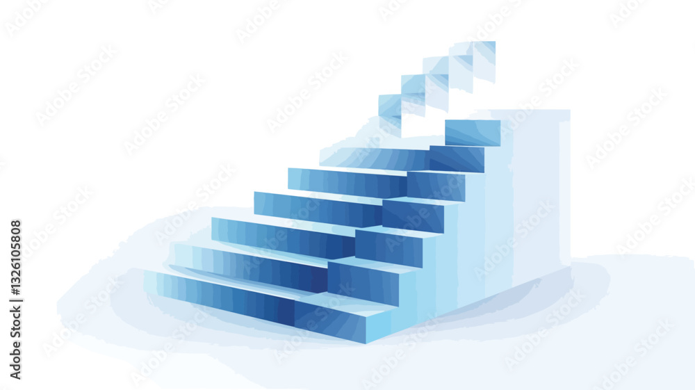Obraz premium A 3D rendering of a staircase ascending diagonally against a white background. The stairs are light blue, with a subtle gradient effect creating a sense of depth. The steps are uniformly sized and