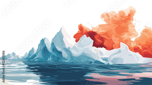 The image is a digital illustration or painting depicting a surreal landscape.  The main focus is on stylized icebergs rendered in cool blues and whites, contrasted sharply with a burst of warm