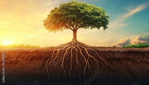 Wallpaper Mural Green Tree with Glowing Roots at Sunset A Concept of Nature, Growth, and Connection. Torontodigital.ca