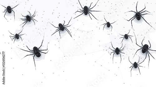 The image shows numerous small, dark-colored spiders scattered across a white background. The spiders are relatively similar in size and shape, and appear to be slightly blurry in some areas,
