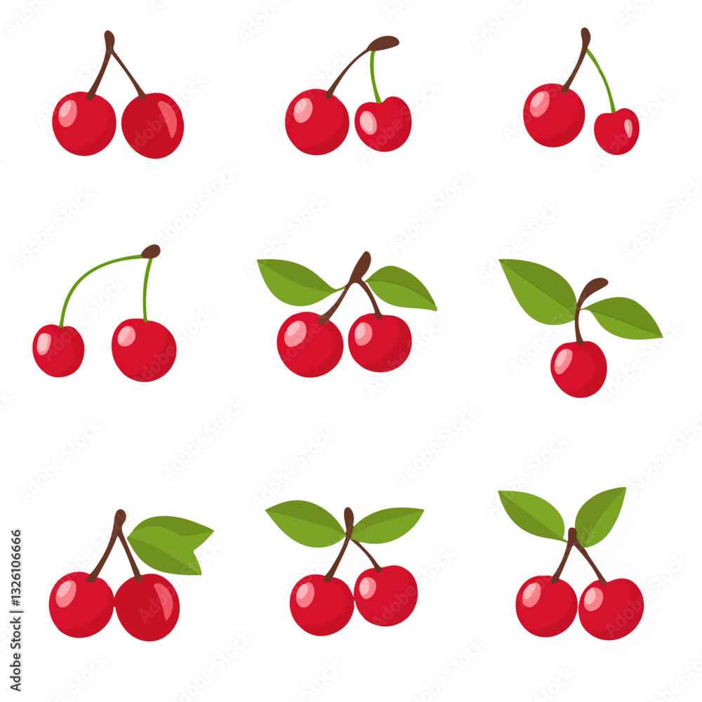 Very Simple flat 2D icon cherry set collection isolated on a white background, vector, flat design, animation design, simple flat 2D icon, minimalist design, clipart Very Simple flat 2D icon cherry set collection isolated on a white background, vector, flat design, animation design, simple flat 2D icon, minimalist design, clipart