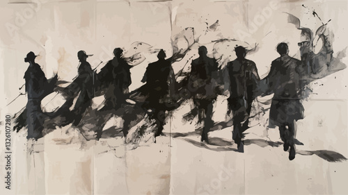 The artwork depicts seven silhouetted human figures rendered in black ink or charcoal on a light beige or off-white background. The figures are depicted in various poses suggesting movement or a