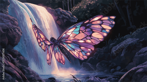 Digital illustration depicting a large, iridescent butterfly with pink, purple, and blue wings in flight near a cascading waterfall in a dark forest.  The butterfly's wings are highly detailed,