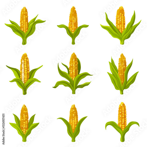 Very Simple flat 2D icon yellow corn set collection isolated on a white background, vector, flat design, animation design, simple flat 2D icon, minimalist design, clipart