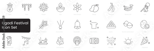ugadi festival icon set. vector thin line icons for web design, mobile app. Gudi, Mango,L,eaves, Rangoli, Ugadi, Pachadi, Diya, Feast.
