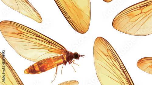 A high-resolution close-up photograph depicts an insect, predominantly golden-yellow and orange-brown in color, with intricate wing venation.  The insect's body is sharply in focus, with several