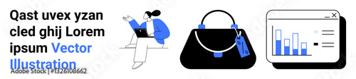 Woman seated using a laptop, fashionable handbag with price tag, and chart displaying analytical data. Ideal for e-commerce, fashion, online shopping, analysis, marketing, business flat landing page