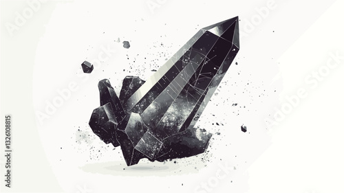 A high-contrast close-up shot depicts a dark grey/black crystal shard or fragment in mid-air, appearing shattered or broken. Several smaller pieces are scattered around it against a clean white