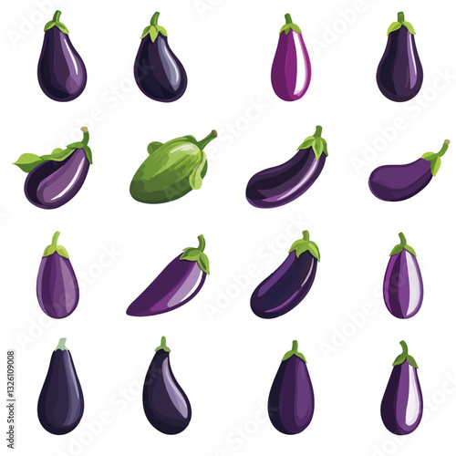 Very Simple flat 2D icon eggplant set isolated on a white background, vector, flat design, animation, simple flat 2D icon, clipart
