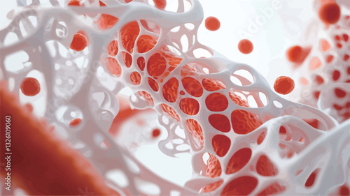 Close-up view of a digitally rendered abstract representation of a cellular structure. The image features a central, elongated form resembling a blood vessel or capillary, surrounded by a network