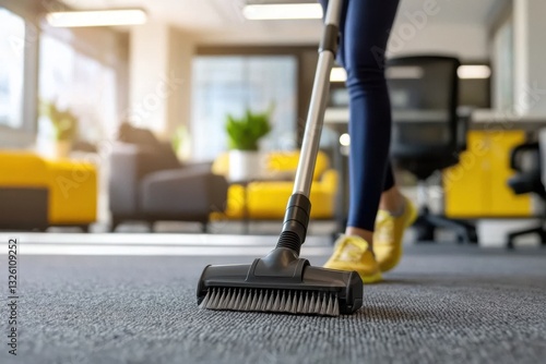 Wallpaper Mural Person vacuuming a gray carpeted office floor, blurred background with yellow furniture. Torontodigital.ca