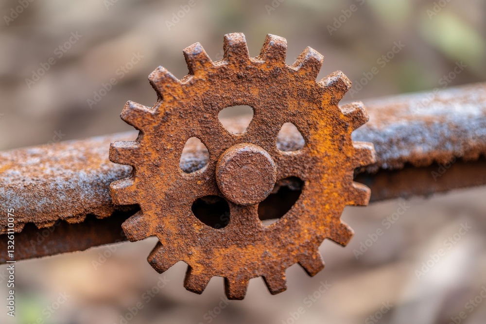 A rusty metal gear is attached to a rusty metal bar, showing detailed texture and corrosion, creating a vintage industrial look. A rusty metal gear is attached to a rusty metal bar, showing detailed texture and corrosion, creating a vintage industrial look.