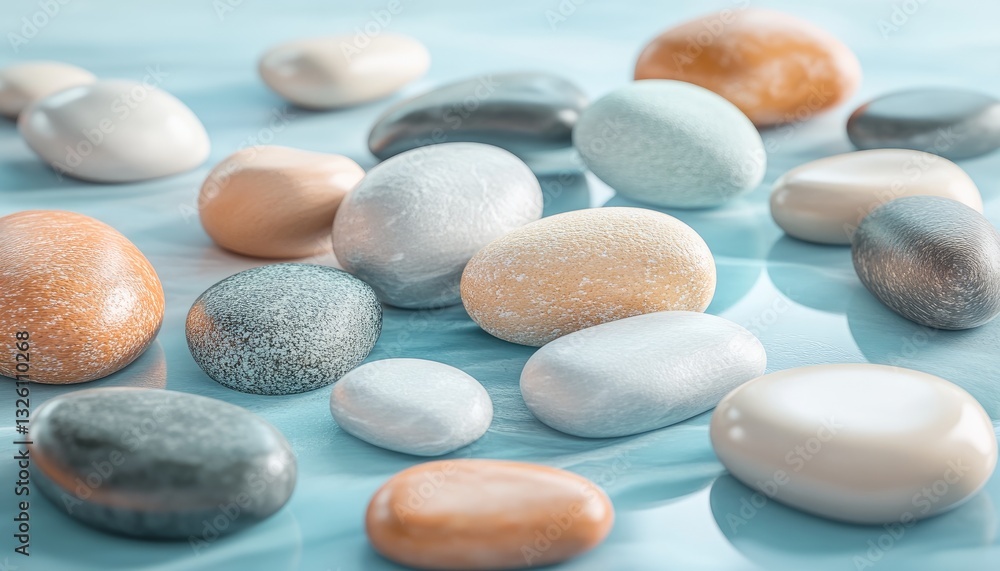 Smooth colorful stones arranged on a glossy blue surface Smooth colorful stones arranged on a glossy blue surface