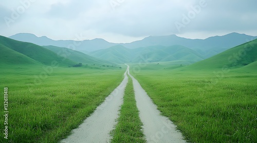 Endless road winding through a lush green grassland