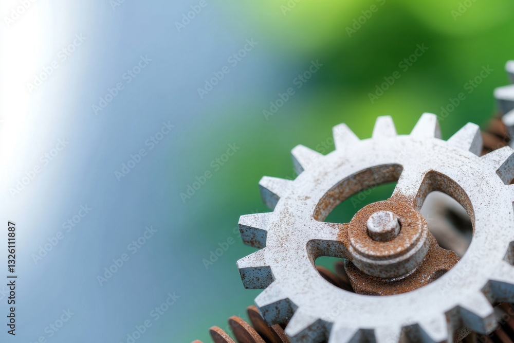 Close-up of rusty metal gear, against a blurred green and blue background, suggesting age and industry. Close-up of rusty metal gear, against a blurred green and blue background, suggesting age and industry.