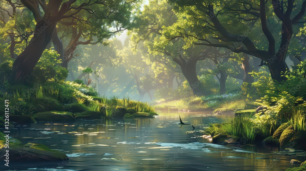 A tranquil river winding through a forest, with overhanging trees and gentle ripples A tranquil river winding through a forest, with overhanging trees and gentle ripples