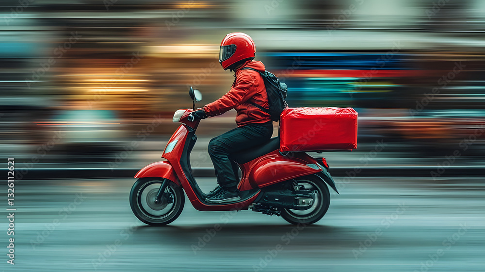Speeding Delivery Rider Navigates Red Scooter Through Busy Urban Streets Speeding Delivery Rider Navigates Red Scooter Through Busy Urban Streets