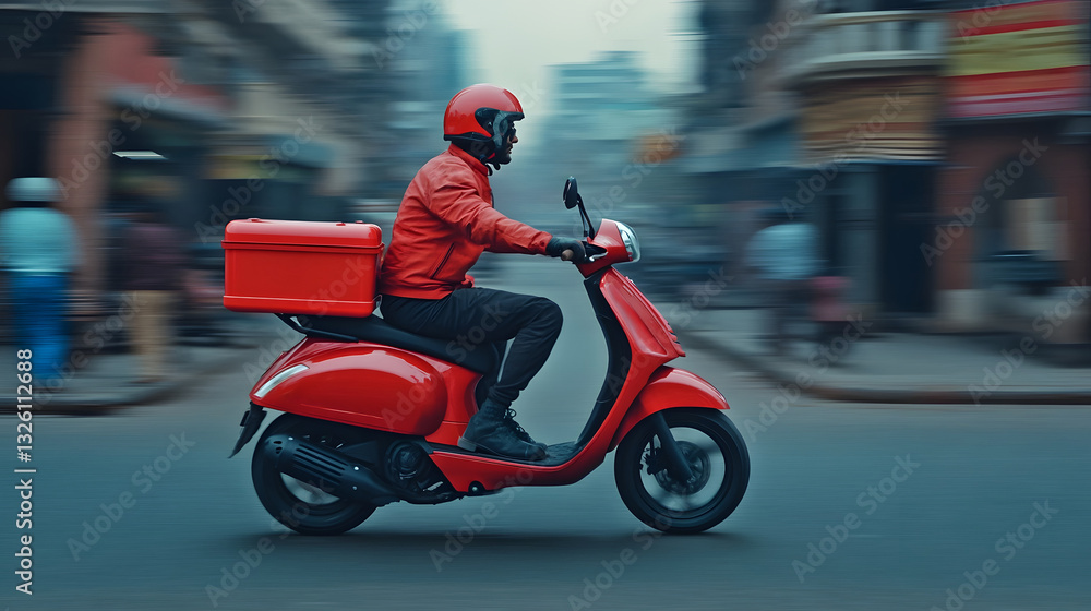 Speeding Delivery Rider Navigates Busy City Streets on Vibrant Red Scooter Speeding Delivery Rider Navigates Busy City Streets on Vibrant Red Scooter