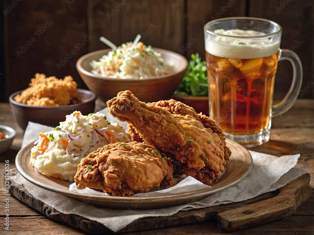 A golden, crispy plate of fried chicken with a crunchy, spiced coating. A golden, crispy plate of fried chicken with a crunchy, spiced coating.