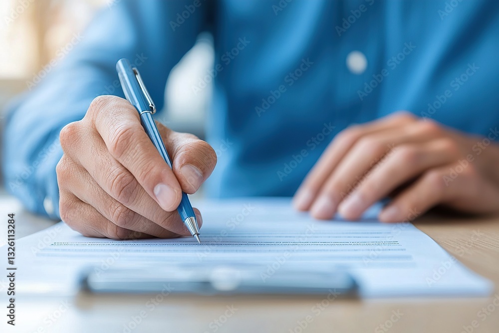 Person writing on a document with a pen, focused on the task at hand. Person writing on a document with a pen, focused on the task at hand.
