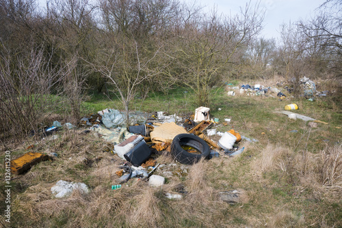 Obraz na płótnie Illegal waste dump in the forest. Ecological disaster. Human stupidity, pollution of our own environment, the planet.
w salonie