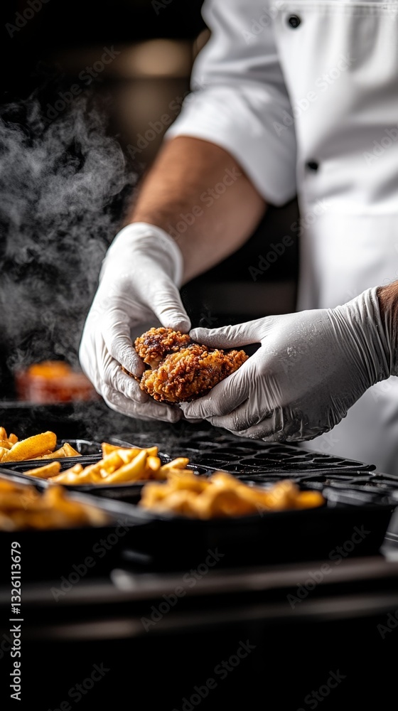 Chef in gloves preparing crispy fried chicken with golden fries Chef in gloves preparing crispy fried chicken with golden fries