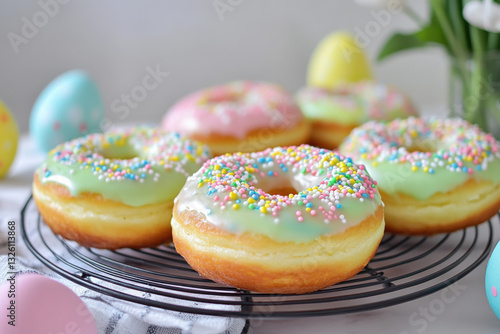 Delicious easter donuts with colorful icing and sprinkles resting on cooling rack