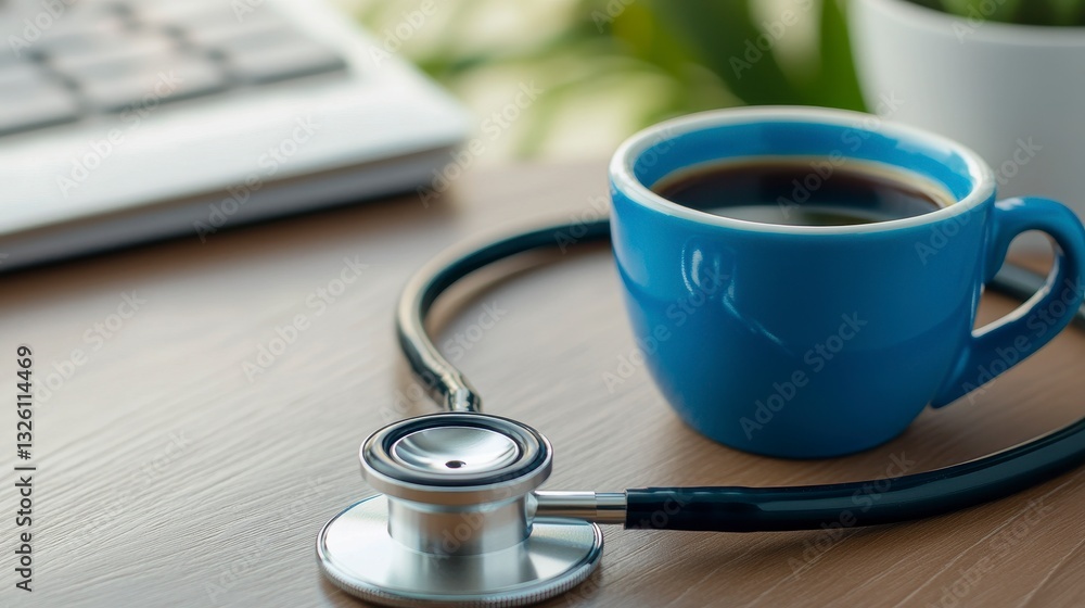 Coffee Cup and Stethoscope on Wooden Table in Bright Office Space Coffee Cup and Stethoscope on Wooden Table in Bright Office Space