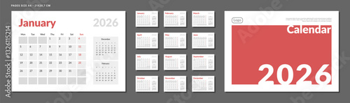 2026 Calendar Planner Set of Template Monthly Page and cover with Place for Photo, Company Logo. Vector layout grid of wall or desk calendar with week start Monday for print. Page size A4 -21x29.7 cm