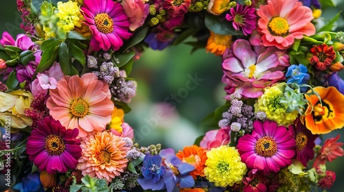 Wallpaper Mural Delicate wreath of vibrant flowers on rustic wooden background, natural floral decoration Torontodigital.ca