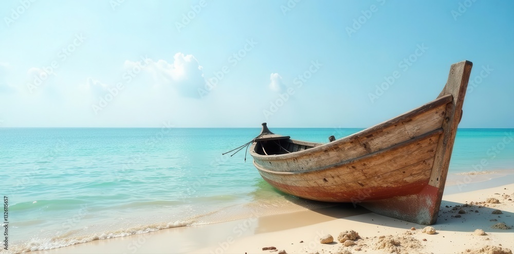 Rustic old fishing boat on sandy beach, calm sea , horizontal, dunes, shore Rustic old fishing boat on sandy beach, calm sea , horizontal, dunes, shore