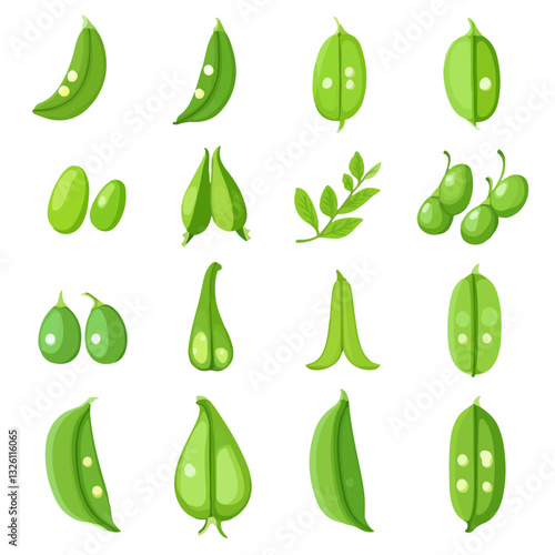 My Simple flat 2D icon green peas set isolated on a white background, vector, flat design, vector, flat design, animation design, flat 2D icon, minimalist design, vector