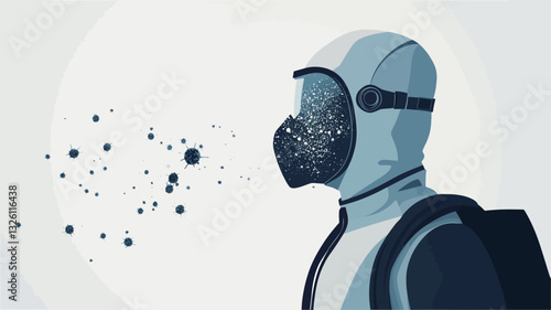 The image is a stylized vector illustration depicting a profile view of a person wearing a futuristic space suit or protective gear. The suit is primarily shades of grey and blue, with a minimalist