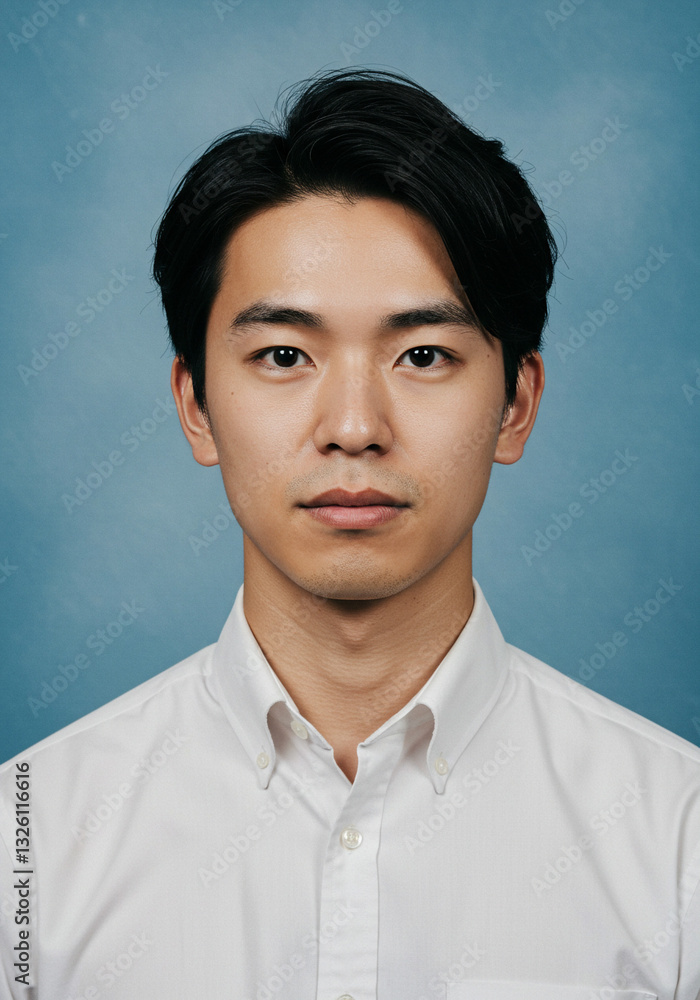 Fototapeta premium 日本人男性のポートレート、証明写真、上三分身、青背景