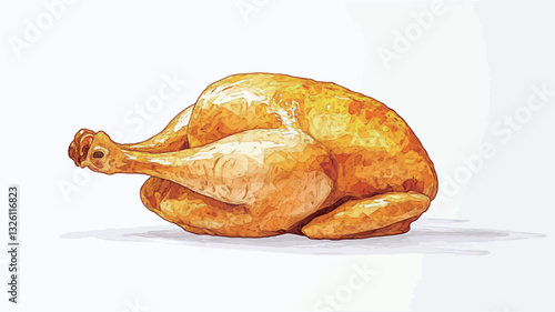 A watercolor illustration of a roasted chicken. The chicken is depicted lying on its side, showcasing its golden-brown, crispy skin and succulent appearance. The illustration style is realistic