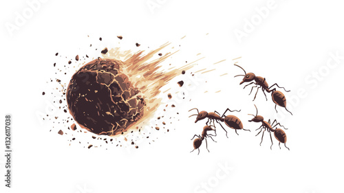 Digital illustration depicting four ants on a white background facing a large, burning, rocky sphere that appears to be a meteorite or asteroid.  The sphere is brown and cracked, with flames