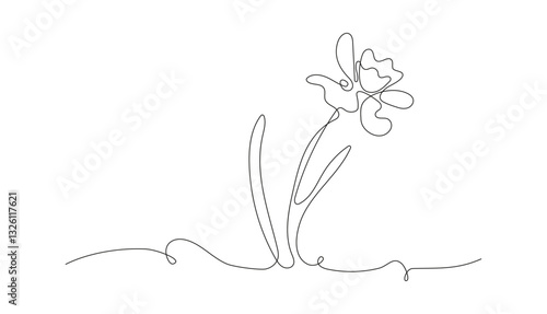 Narcissus flower in the style of drawing a continuous line. Horizontal floral border of the first spring flowers in the form of line art. Minimalistic black linear design, vector illustration