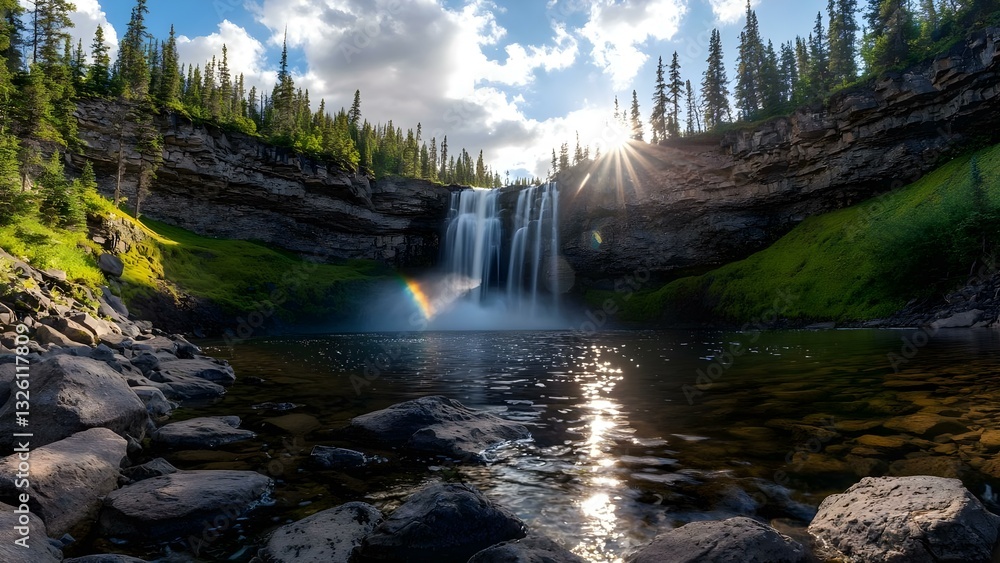 Fototapeta premium A scenic waterfall surrounded by lush greenery and trees, reflecting sunlight with a rainbow in the mist. Concept Scenic Waterfall, Lush Greenery, Sunlight Reflection, Misty Rainbow