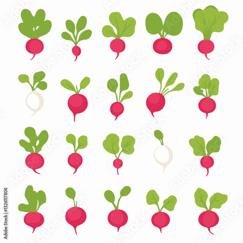 Very Simple flat 2D icon white and red radish set isolated on a white background, vector, flat design, vector, flat design, animation design, flat 2D icon, minimalist design, vector