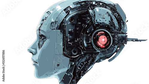 The image is a digital rendering of a robotic head in profile view.  The head is predominantly light grey and metallic in appearance.  Internal mechanical components, including gears and wiring,