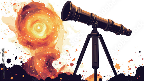 A digital illustration depicting a vintage-style brass telescope on a tripod, pointed towards a vibrant, fiery, swirling nebula or cosmic event. The nebula is depicted in shades of orange and red,