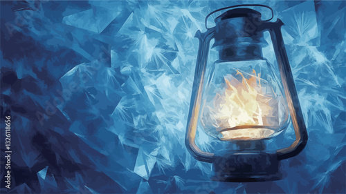 Close-up view of an antique oil lantern with a lit flame, positioned against a background of textured, blue, crystalline formations. The lantern is metallic dark gray with a clear glass enclosure,