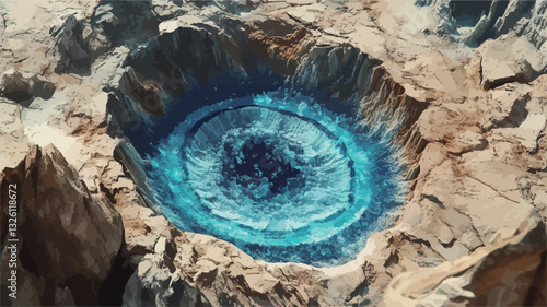 High-angle, close-up view of a circular, blue energy vortex within a stone or rock crater. The vortex is a vibrant blue, appearing to swirl and glow. The crater is composed of rough, textured,