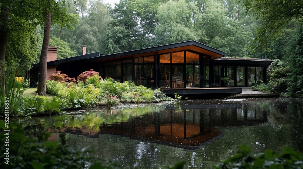 Modern Waterfront Home Amidst Verdant Foliage Reflecting on Tranquil Pond Modern Waterfront Home Amidst Verdant Foliage Reflecting on Tranquil Pond