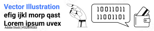Robotic hand pointing towards binary code in speech bubble and wallet icon. Ideal for digital payments, technology, automation, cybersecurity, artificial intelligence, fintech, data encryption