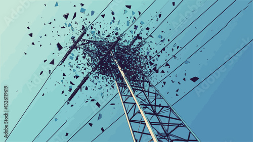 Low-angle view of a tall metal powerline tower against a light blue sky.  The tower appears to be disintegrating, with numerous dark fragments scattered around it and falling from the top. The