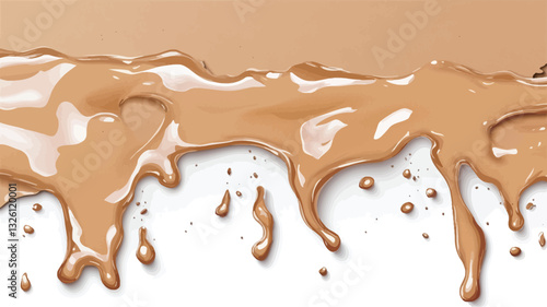 Close-up image of a beige liquid flowing across a white background. The liquid has a smooth, glossy texture with visible drips and ripples. The flow is uneven, creating a dynamic and abstract