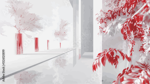 The image shows a minimalist interior space, predominantly in shades of white and red.  The hallway features a highly reflective floor, which mirrors the surrounding architecture and plant