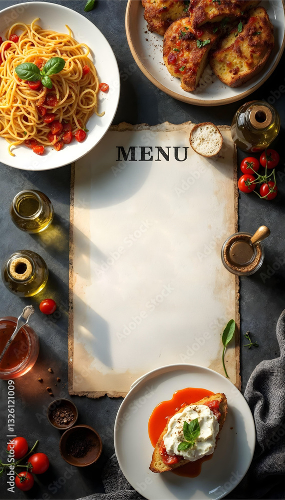 Menu italian mockup top view with bruschetta, spaghetti, bread with jam and cream cheese, olive oil