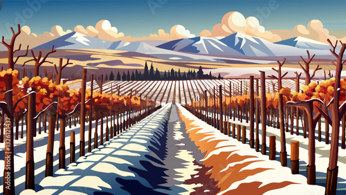 Vineyard rows covered in snow with brown leaves on vines, stretching towards the horizon. The landscape is cold and wintry with distant hills and a cloudy 